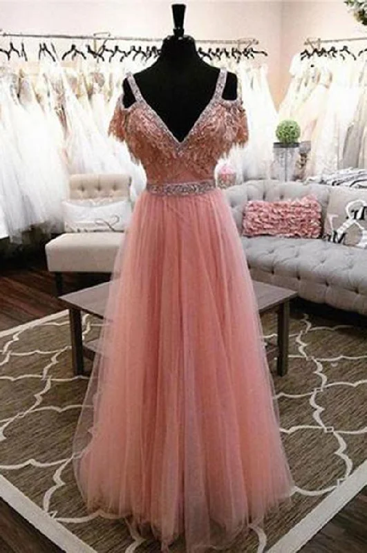 High Fashion A-Line V-Neck Off Shoulder Blush Pink Long Tulle Prom Dresses with Beads High Fashion A-Line V-Neck Off Shoulder Blush Pink Long Tulle Prom Dresses with Beads