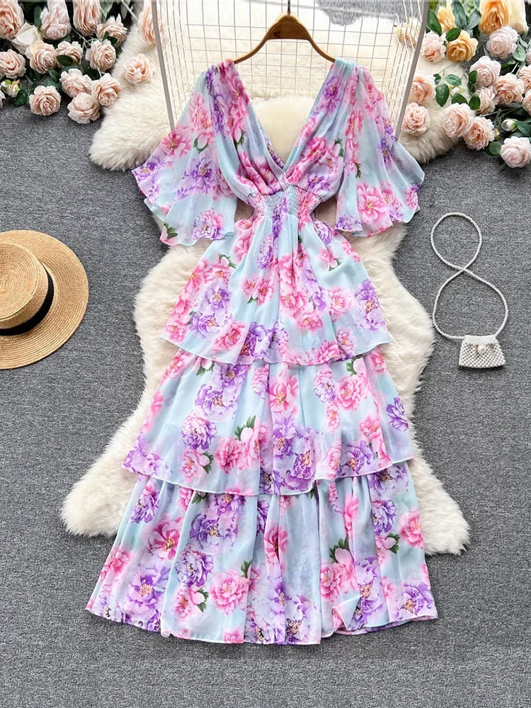 Znbbw Women Summer Dress New Style Gentle Style Short Sleeve V-neck Printed Waist Closing Cake Dress Sweet Fairy Vestidos D2548 Znbbw Women Summer Dress New Style Gentle Style Short Sleeve V-neck Printed Waist Closing Cake Dress Sweet Fairy Vestidos D2548