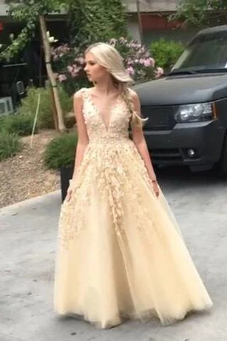Light yellow organza applique handmade flowers V-neck long prom dresses