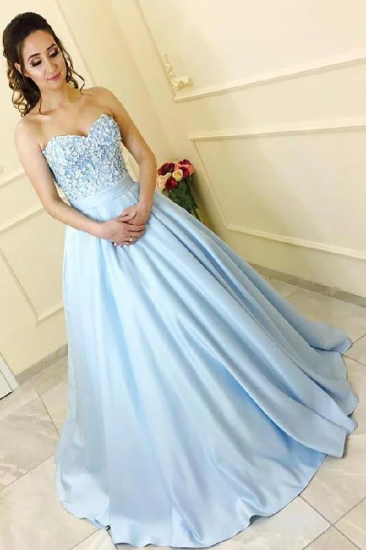 Modest A-Line Sweetheart Strapless Light Blue Sleeveless Long Prom Dresses With Lace Modest A-Line Sweetheart Strapless Light Blue Sleeveless Long Prom Dresses With Lace