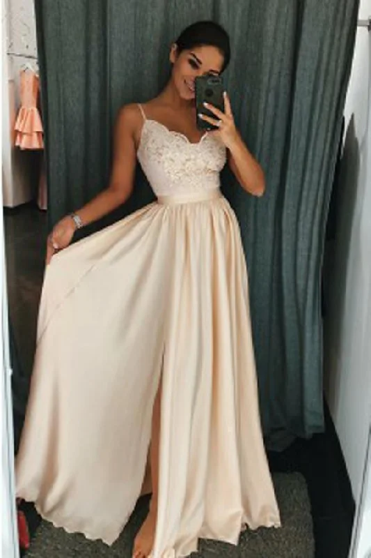 Pearl Pink Elastic Satin A-Line Spaghetti Straps Side Slit Prom Dress with Appliques Pearl Pink Elastic Satin A-Line Spaghetti Straps Side Slit Prom Dress with Appliques