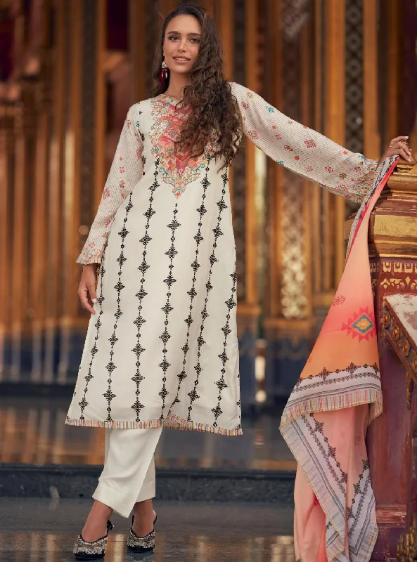 Off-White Pure Muslin Silk Unstitched Suit Dress Material for Women