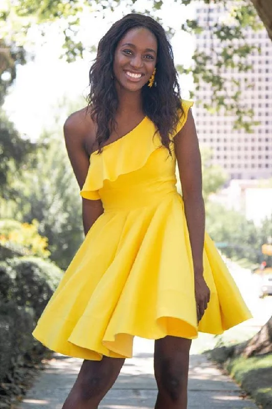 One Shoulder Yellow Satin Ruffled Above Knee Short Prom Dresses Formal Dresses