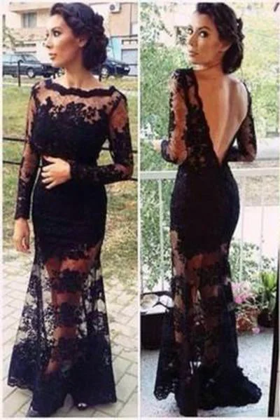 Mermaid Full Sleeve Sexy Black Lace Long Scoop Neck Floor Length Prom Dresses