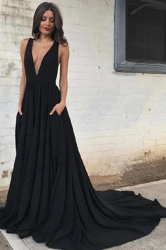 Simple Deep V Neck Black Backless Prom Dresses with Pockets, Long Formal Dresses STI15390 Simple Deep V Neck Black Backless Prom Dresses with Pockets, Long Formal Dresses STI15390