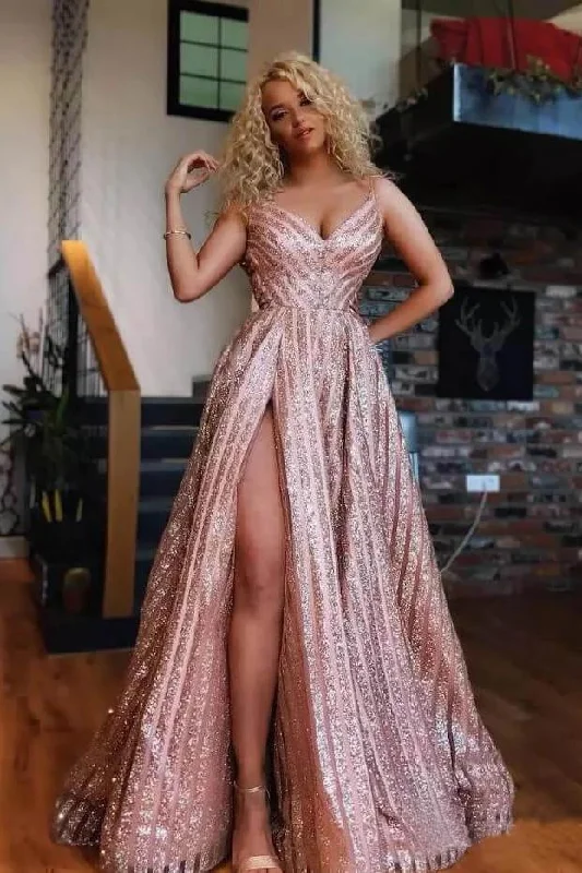 Sexy Rose Gold Spaghetti Straps V Neck Prom Dresses with Side Slit, Sequins Prom Gowns STI15350 Sexy Rose Gold Spaghetti Straps V Neck Prom Dresses with Side Slit, Sequins Prom Gowns STI15350