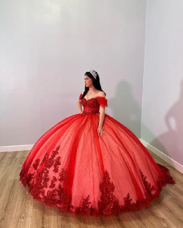 Glamorous Red Off The Shoulder Ball Gown,Red Sweet 16 Dress,Princess Dress  Y5330