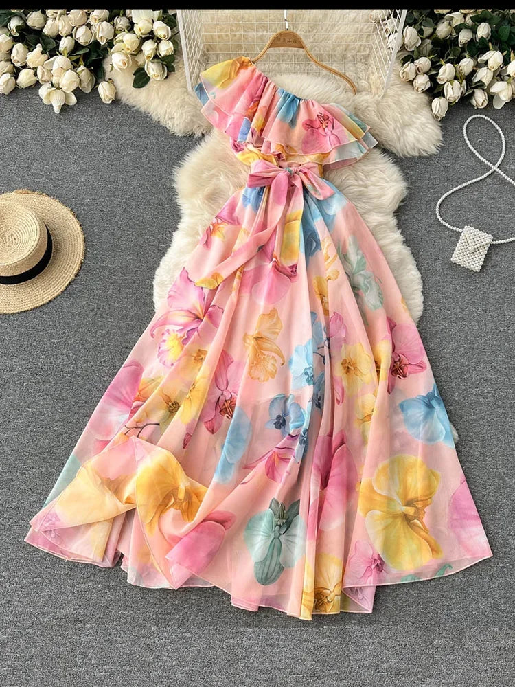Znbbw Summer Holiday Dress Ladies' Bandage Irregular Slanted Shoulder Chiffon Floral Print Straps Waist Long Vestidos Women D0960 Znbbw Summer Holiday Dress Ladies' Bandage Irregular Slanted Shoulder Chiffon Floral Print Straps Waist Long Vestidos Women D0960