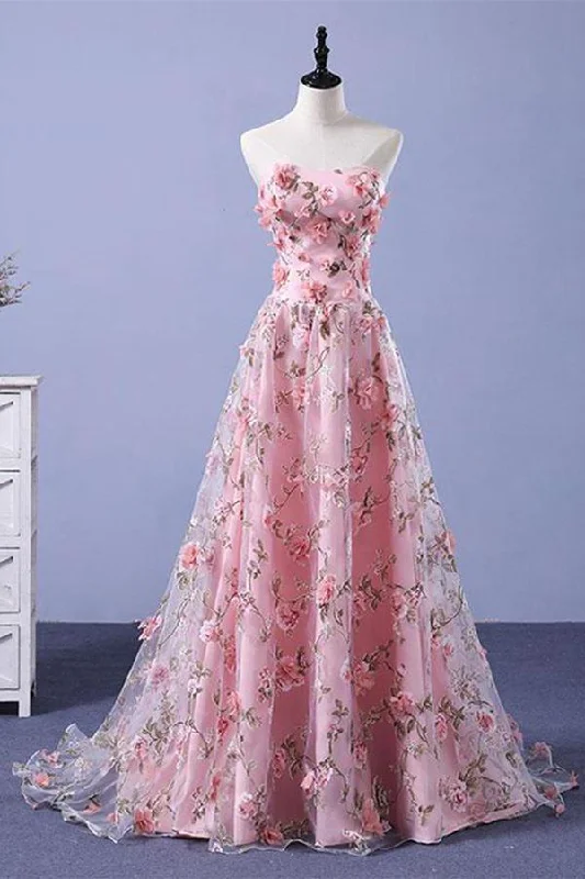 Pink A-line Sweetheart Strapless Sweep Train Floral Print Long Lace Prom Dresses with flowers Pink A-line Sweetheart Strapless Sweep Train Floral Print Long Lace Prom Dresses with flowers