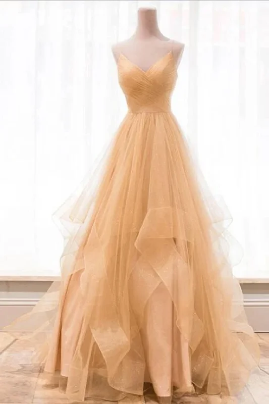 Spaghetti Straps V Neck Sparky Long Prom Dress Backless Pleated Tulle Party STIPBA8153J Spaghetti Straps V Neck Sparky Long Prom Dress Backless Pleated Tulle Party STIPBA8153J