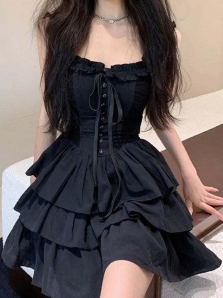 Gothic Goth Harajuku Sexy Slip Dress Ruffles Y2k Streetwear Dark Punk Cake Dresses Party Korean Fashion 2023 Summer Gothic Goth Harajuku Sexy Slip Dress Ruffles Y2k Streetwear Dark Punk Cake Dresses Party Korean Fashion 2023 Summer
