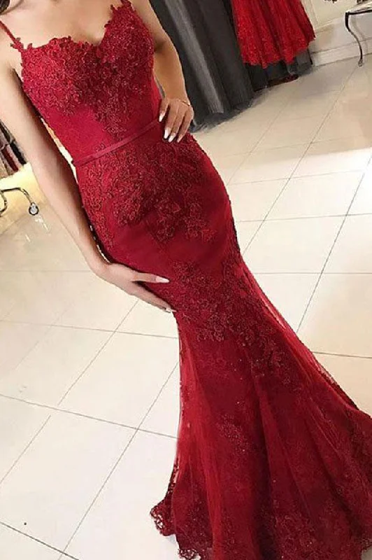 Mermaid Spaghetti Straps Burgundy Lace Appliques Prom Dresses Long Formal Dress