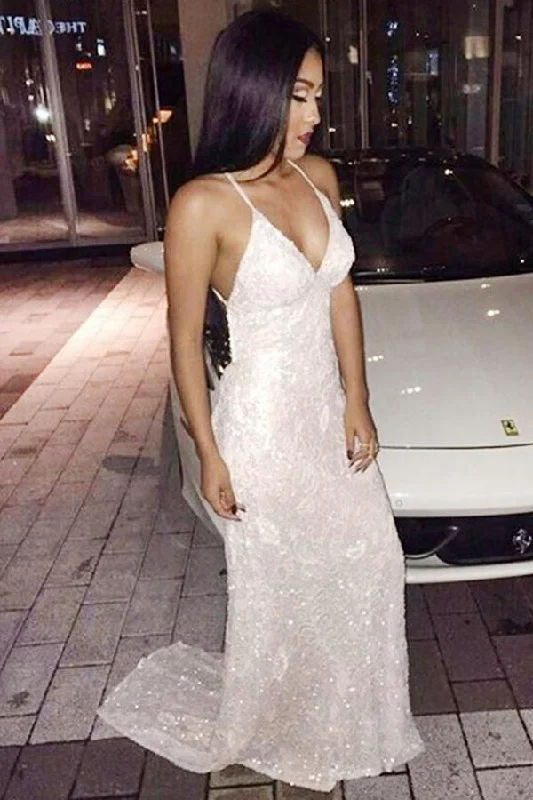 Mermaid Deep V-Neck Sweep Train Backless Criss-Cross Straps Ivory Sequined Prom Dresses Mermaid Deep V-Neck Sweep Train Backless Criss-Cross Straps Ivory Sequined Prom Dresses