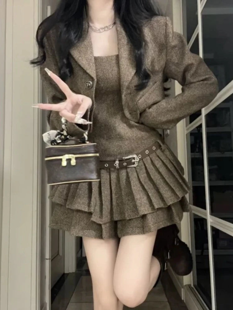 Autumn Gray Vintage New 2 Piece Sets Women Korean Design Y2K Elegant Clothes Female Solid WarmTops + Chic Pleated Dresses 2024 Autumn Gray Vintage New 2 Piece Sets Women Korean Design Y2K Elegant Clothes Female Solid WarmTops + Chic Pleated Dresses 2024