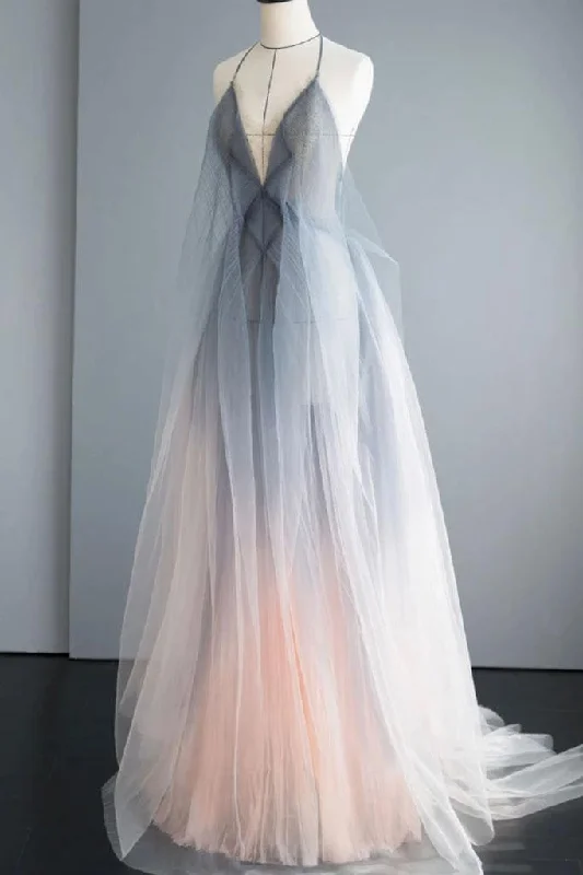 Simple Deep V Neck Ombre Tulle Halter Sleeveless Prom Dresses Backless Formal Dresses STI15391 Simple Deep V Neck Ombre Tulle Halter Sleeveless Prom Dresses Backless Formal Dresses STI15391