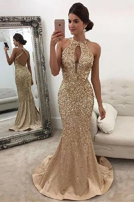 Mermaid Sleeveless Halter Sequins Golden Open Back Sweep Train Satin Prom Dresses