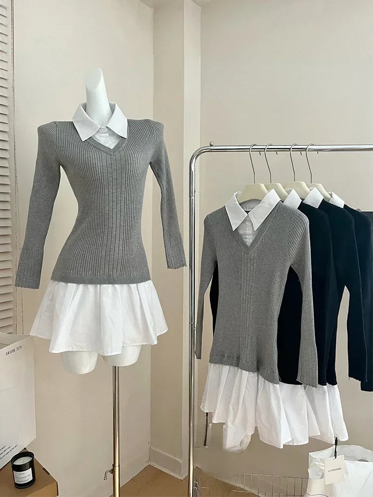 Getadme 2025 New Preppy Style Fake Two Pieces Mini Knitted Shirts Dress Women Gyaru 2000s Aesthetic Vintage Long Sleeve One-Piece Getadme 2025 New Preppy Style Fake Two Pieces Mini Knitted Shirts Dress Women Gyaru 2000s Aesthetic Vintage Long Sleeve One-Piece