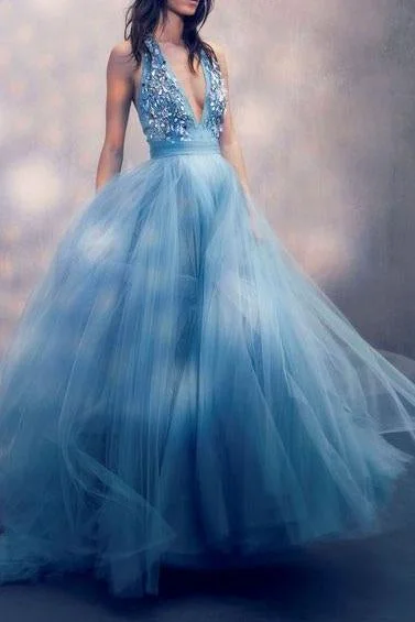 Sexy A Line Deep V Neck Tulle Prom Dresses with Sequins, Long Formal Dresses STI15326 Sexy A Line Deep V Neck Tulle Prom Dresses with Sequins, Long Formal Dresses STI15326