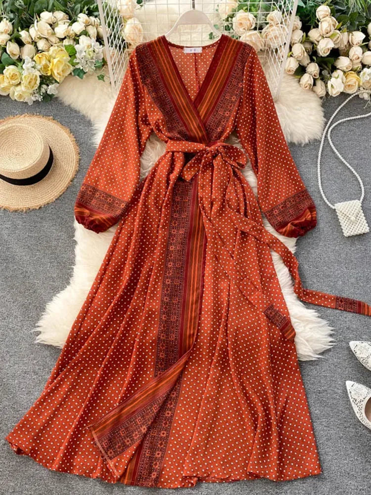 Znbbw Autumn Women's Holiday Dress 2024 New Thin Chiffon Retro Print Lace-up Waist Slim Long Dress for Women LL975 Znbbw Autumn Women's Holiday Dress 2024 New Thin Chiffon Retro Print Lace-up Waist Slim Long Dress for Women LL975