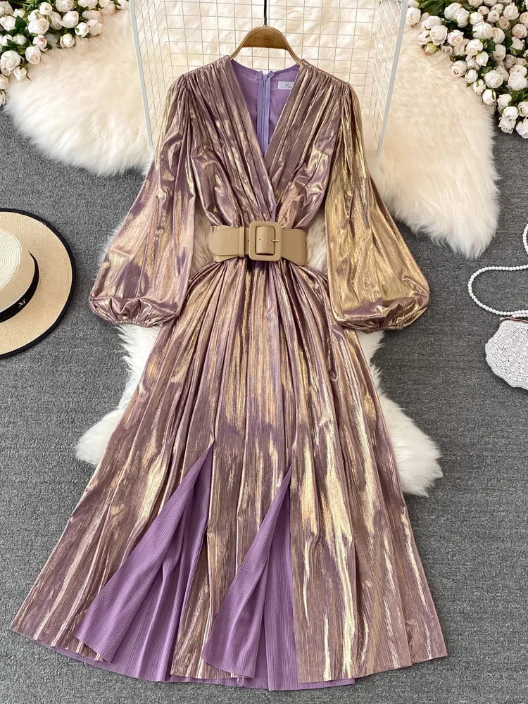 Znbbw Women European and American long-sleeved lace-up metallic pleated V-neck elegant with large swing dress vestidos female D0703 Znbbw Women European and American long-sleeved lace-up metallic pleated V-neck elegant with large swing dress vestidos female D0703