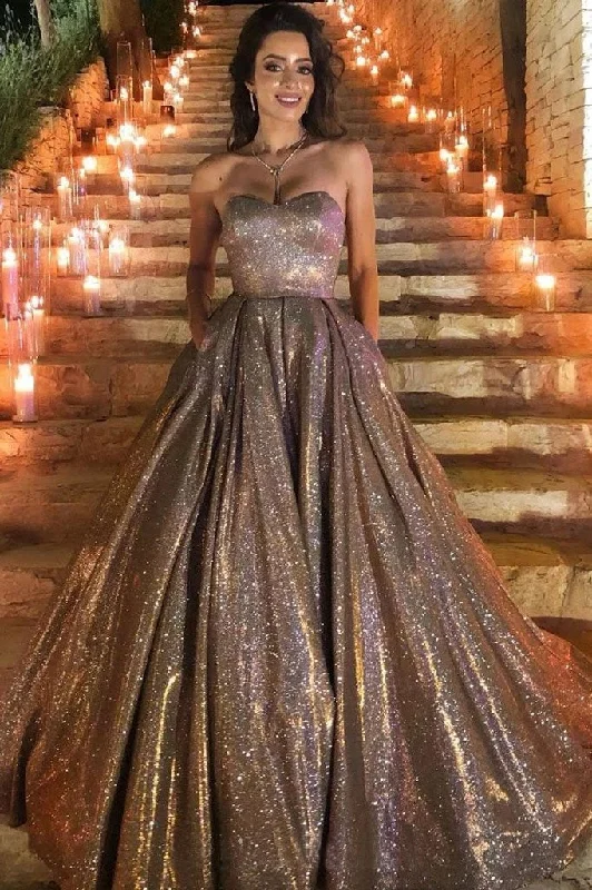Sparkly Ball Gown Sweetheart Strapless Prom Dresses with Pockets, Dance STI15673