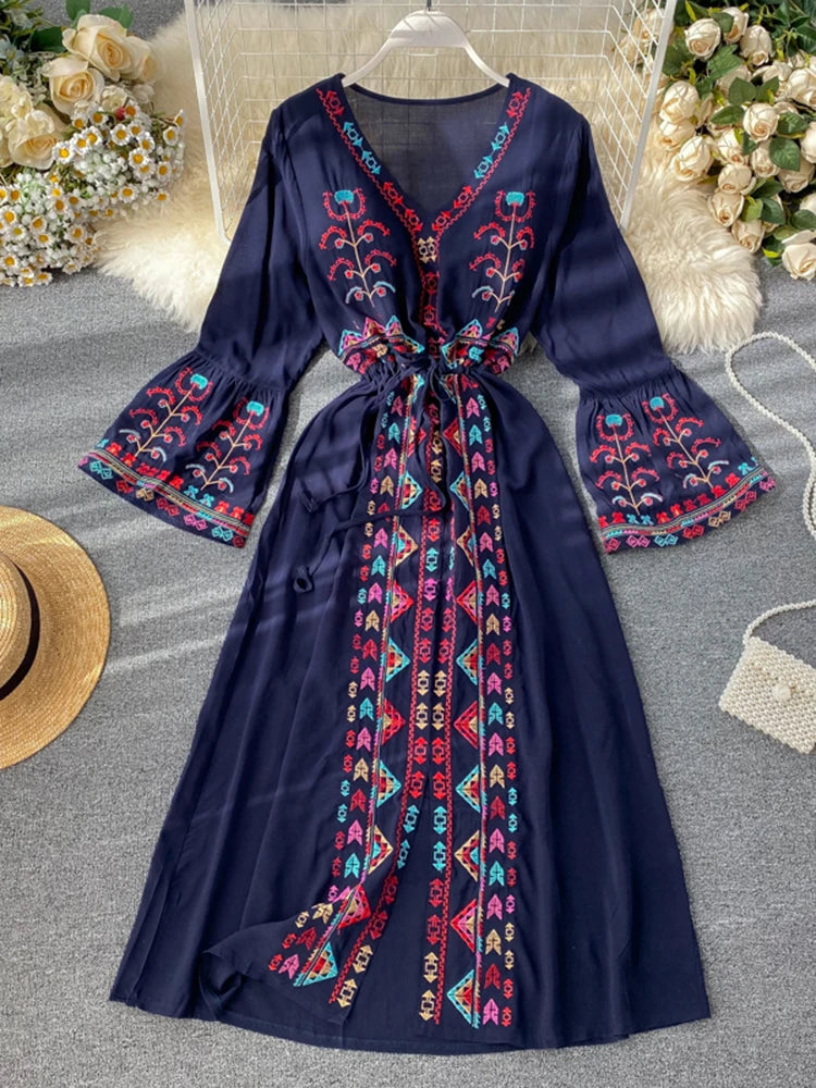 Znbbw Women's Dress Heavy Industry Embroidery V-neck Drawstring Trumpet Sleeves Ethnic Style Thin Waist Long Dresses LL040 Znbbw Women's Dress Heavy Industry Embroidery V-neck Drawstring Trumpet Sleeves Ethnic Style Thin Waist Long Dresses LL040