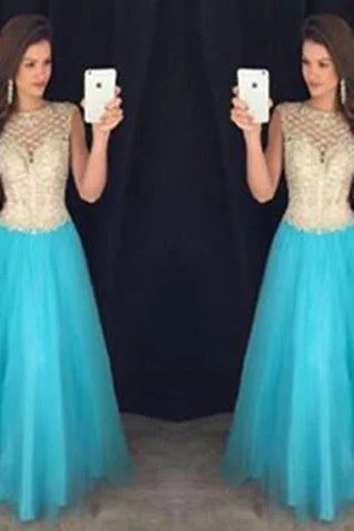 Pd61128 Charming Scoop Tulle Cap Sleeve Open Back High Neck Beads Long Prom Dresses