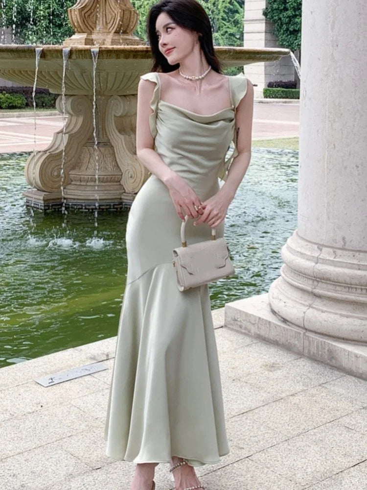 French Elegant Satin Bodycon Mermaid Dresses for Women Summer New Fashion Ruffles Wedding Party Vestido Female Spaghetti Strap French Elegant Satin Bodycon Mermaid Dresses for Women Summer New Fashion Ruffles Wedding Party Vestido Female Spaghetti Strap
