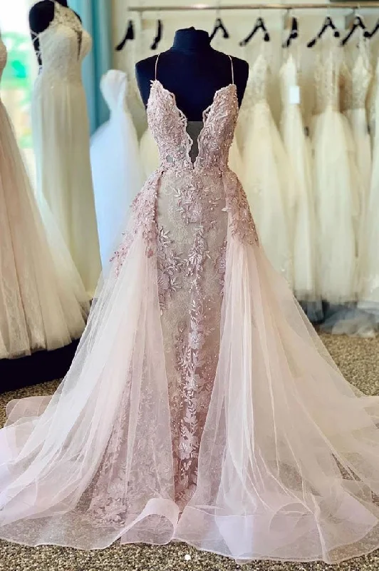 Spaghetti Straps Beads Appliques Deep V Neck Pink Prom Dresses with Detachable Train STI15408 Spaghetti Straps Beads Appliques Deep V Neck Pink Prom Dresses with Detachable Train STI15408