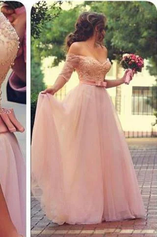 Off Shoulder Half Sleeves Pink Long Party Sweetheart Sash Bow Beads Pearls Prom Dresses Off Shoulder Half Sleeves Pink Long Party Sweetheart Sash Bow Beads Pearls Prom Dresses