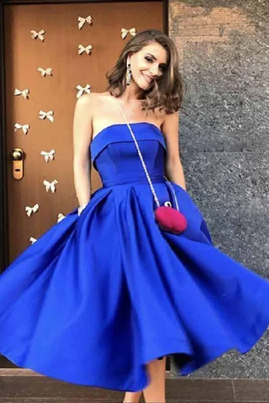 Royal Blue Satin Strapless Ball Gowns Tea Length Short Prom Dress Homecoming Dresses Royal Blue Satin Strapless Ball Gowns Tea Length Short Prom Dress Homecoming Dresses