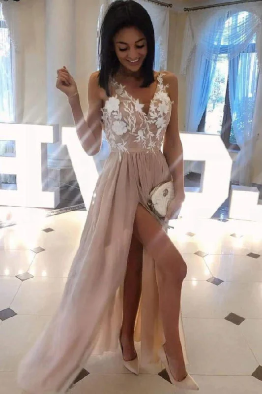 Spaghetti Strap Floral Floor Length Prom Dresses With Slit P3G12MZM