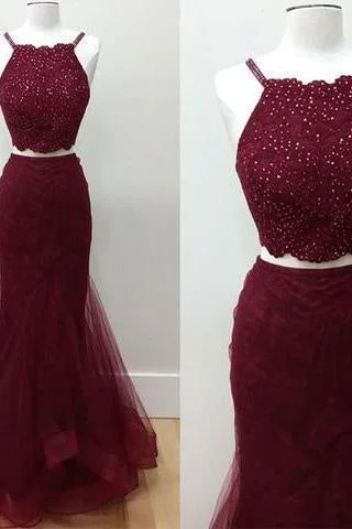 Hot-Selling Two-Piece Mermaid Halter Sleeveless Burgundy Long Prom Dress with Beading Hot-Selling Two-Piece Mermaid Halter Sleeveless Burgundy Long Prom Dress with Beading