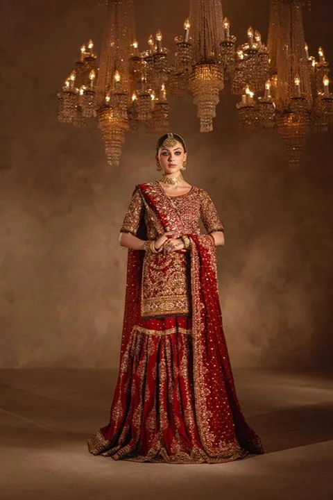 Red Pakistani Bridal Dress in Gharara and Kameez Style