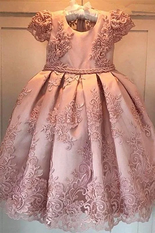 Princess Ball Gown Round Neck Pink Beads Flower Girl Dresses with Appliques STI15587 Princess Ball Gown Round Neck Pink Beads Flower Girl Dresses with Appliques STI15587