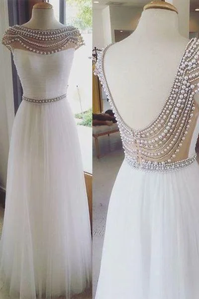 Open Back Prom Dresses Charming Prom Dresses O-Neck Prom Dresses Beading Prom Dresses