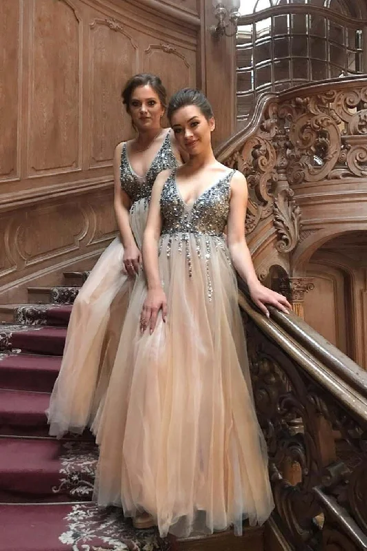 Sexy A line V Neck Tulle Prom Dresses Beading Spaghetti Straps Formal Dresses