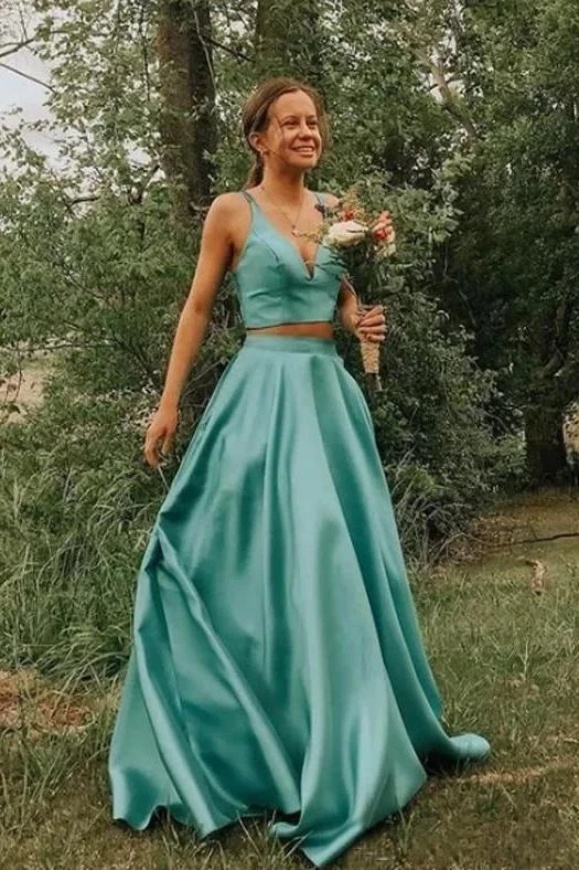 Simple A Line Two Pieces V Neck Satin Green Prom Dresses, Cheap Formal Dress STI15598 Simple A Line Two Pieces V Neck Satin Green Prom Dresses, Cheap Formal Dress STI15598