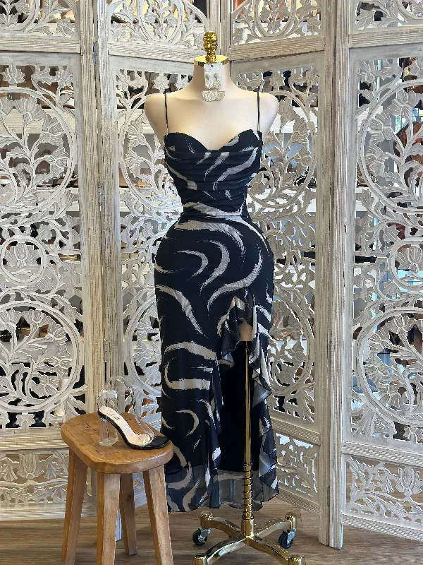 Black Marble Ruffle Dress-Estira, Stretchy