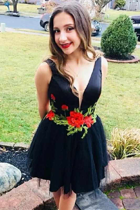 Flare Little Black Floral Homecoming Dress V Neck with Flowers Short Prom Dresses