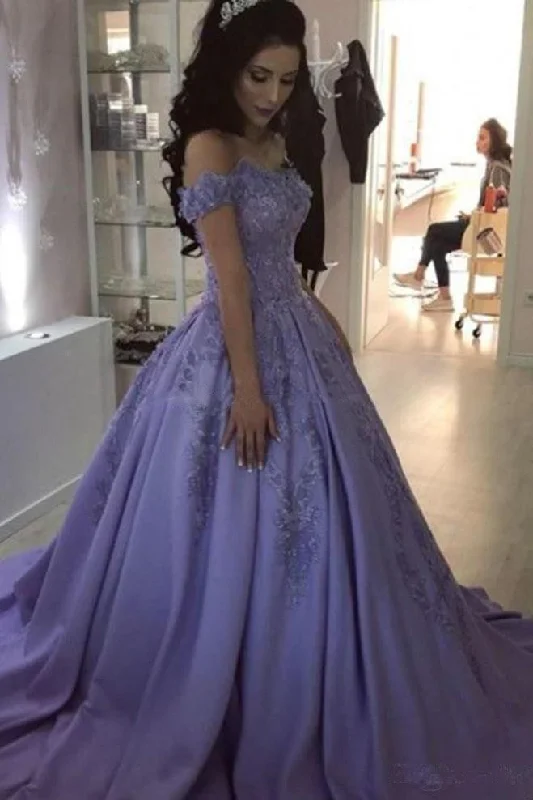 Lilac Ball Gown V Neck Off the Shoulder Lace Appliques Satin Beaded Prom Dresses