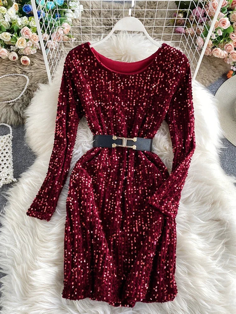 Znbbw Winter New Temperament Fashion Women's Sequined Round Neck Tie Waist Thin Sexy Bag Hip Nightclub Dance Dress UK749 Znbbw Winter New Temperament Fashion Women's Sequined Round Neck Tie Waist Thin Sexy Bag Hip Nightclub Dance Dress UK749