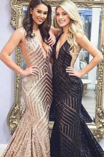 Sexy Deep V-Neck Rose Gold Sequins Mermaid Black Long Backless Prom Dresses