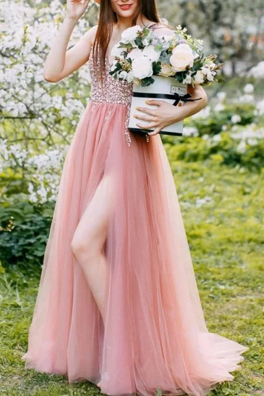 Princess A line V Neck Tulle Beads Sequins Prom Dresses with Lace up, Dance STI15657 Princess A line V Neck Tulle Beads Sequins Prom Dresses with Lace up, Dance STI15657
