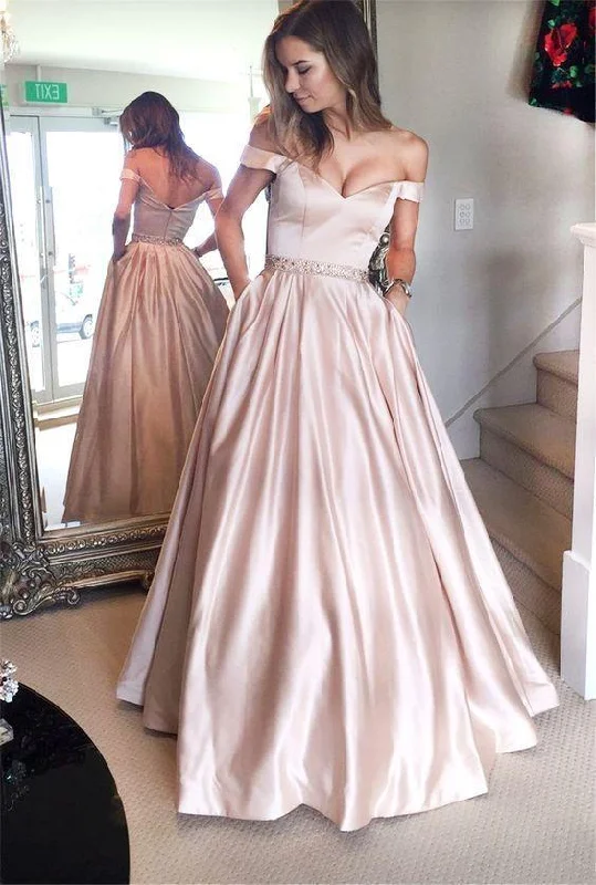 Pearl Pink A-line Off the Shoulder Sweetheart with Pockets Long Senior Prom Dresses