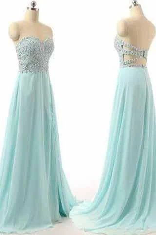 Long Charming Blue Strapless Sleeveless A-Line Sweetheart Prom Dresses