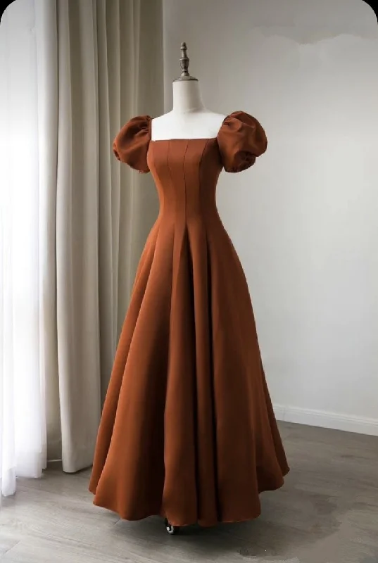 Coffee satin prom dress long Short puffy sleeve ball gown Square neck Fairy formal dress Y4962 Coffee satin prom dress long Short puffy sleeve ball gown Square neck Fairy formal dress Y4962