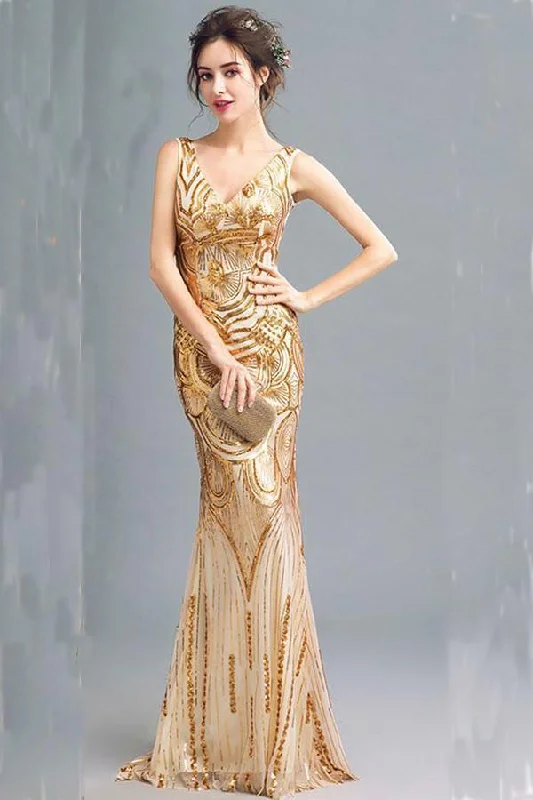 Fashion Sparkly Golden Sequins Mermaid Backless Sleeveless Floor-Length V-Neck Prom Dresses Fashion Sparkly Golden Sequins Mermaid Backless Sleeveless Floor-Length V-Neck Prom Dresses