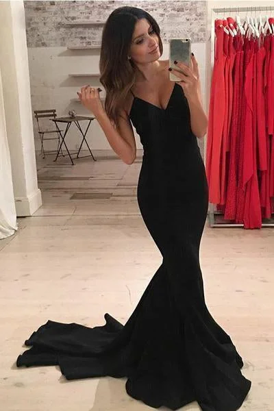 Mermaid V-Neck Criss-Cross Straps Spaghetti Straps Sweep Train Black Satin Prom Dresses Mermaid V-Neck Criss-Cross Straps Spaghetti Straps Sweep Train Black Satin Prom Dresses
