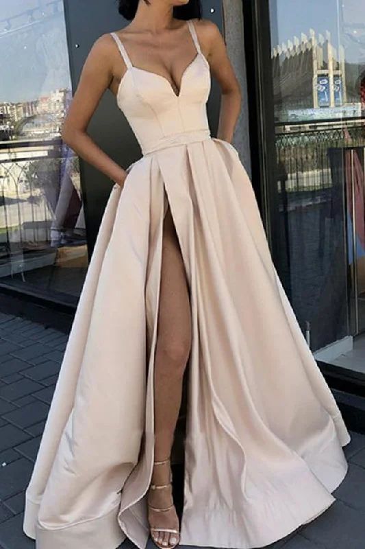 Sexy A line High Slit V Neck Spaghetti Straps Prom Dress Pockets Satin Formal Dress